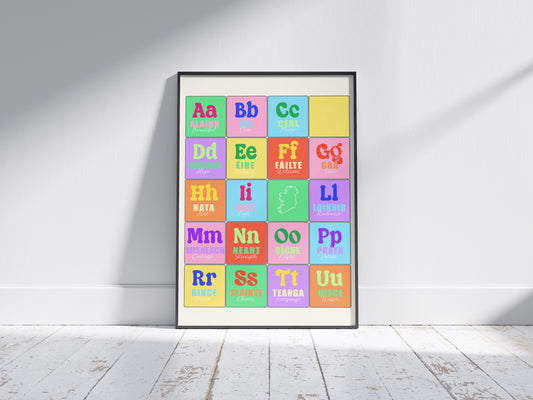 Colorful Irish Alphabet Print: Gaeilge Education Poster